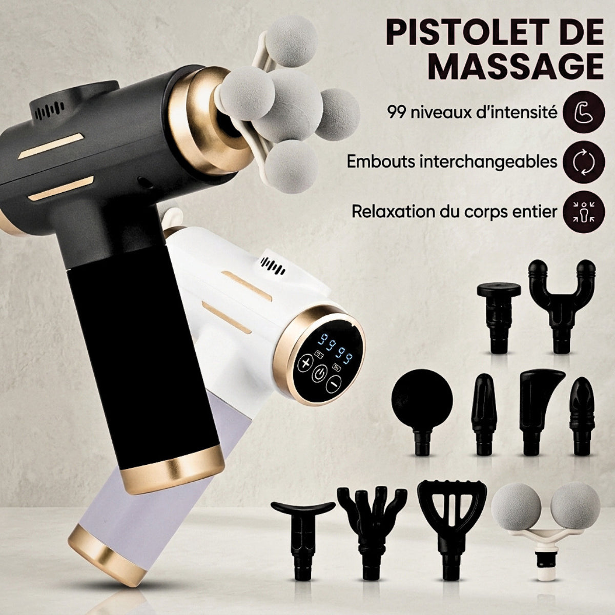 GUNZ - Pistolet de massage 11 Embouts interchangeables